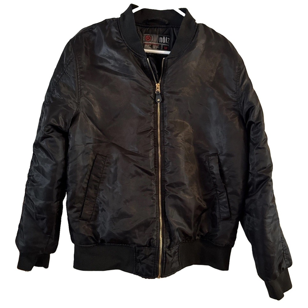 Noiz Mens Bomber Jacket M Black Full Zip Quilted Lined Polyester Rockwear